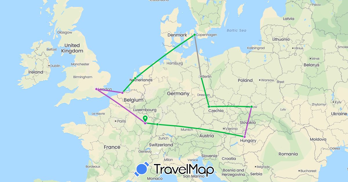 TravelMap itinerary: bus, plane, train in Belgium, Czech Republic, Germany, Denmark, France, United Kingdom, Hungary, Netherlands, Poland (Europe)